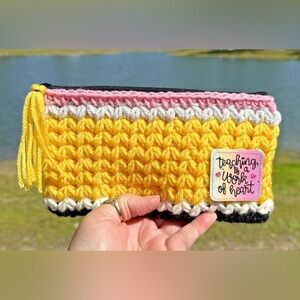 New Handmade Crochet Pencil Look 9"x4.5" Clutch Makeup Bag Teacher Gift